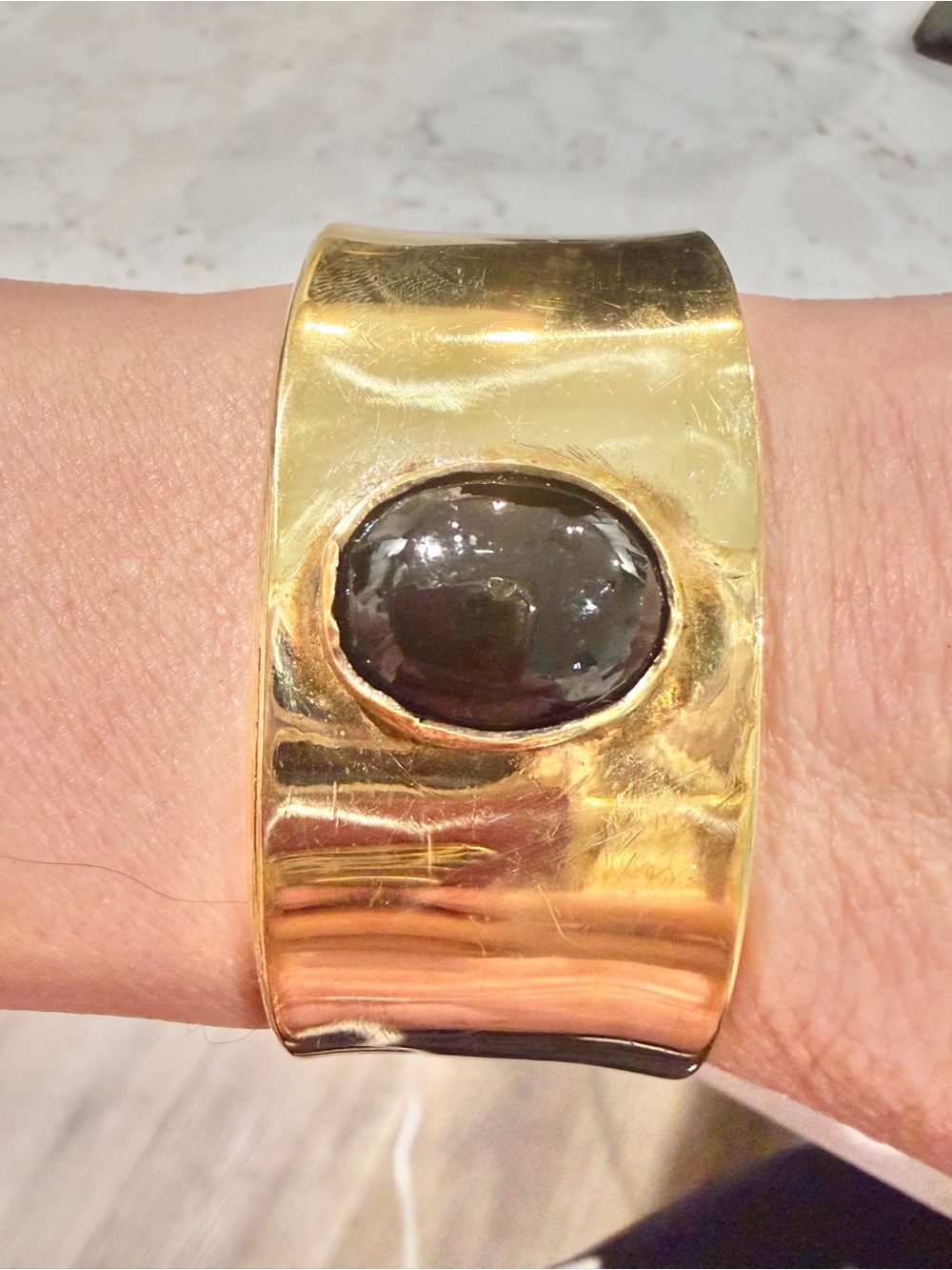 Vintage 1970s/1980s Modernist Brass Cuff Bracelet with Large Black Onyx Cabochon